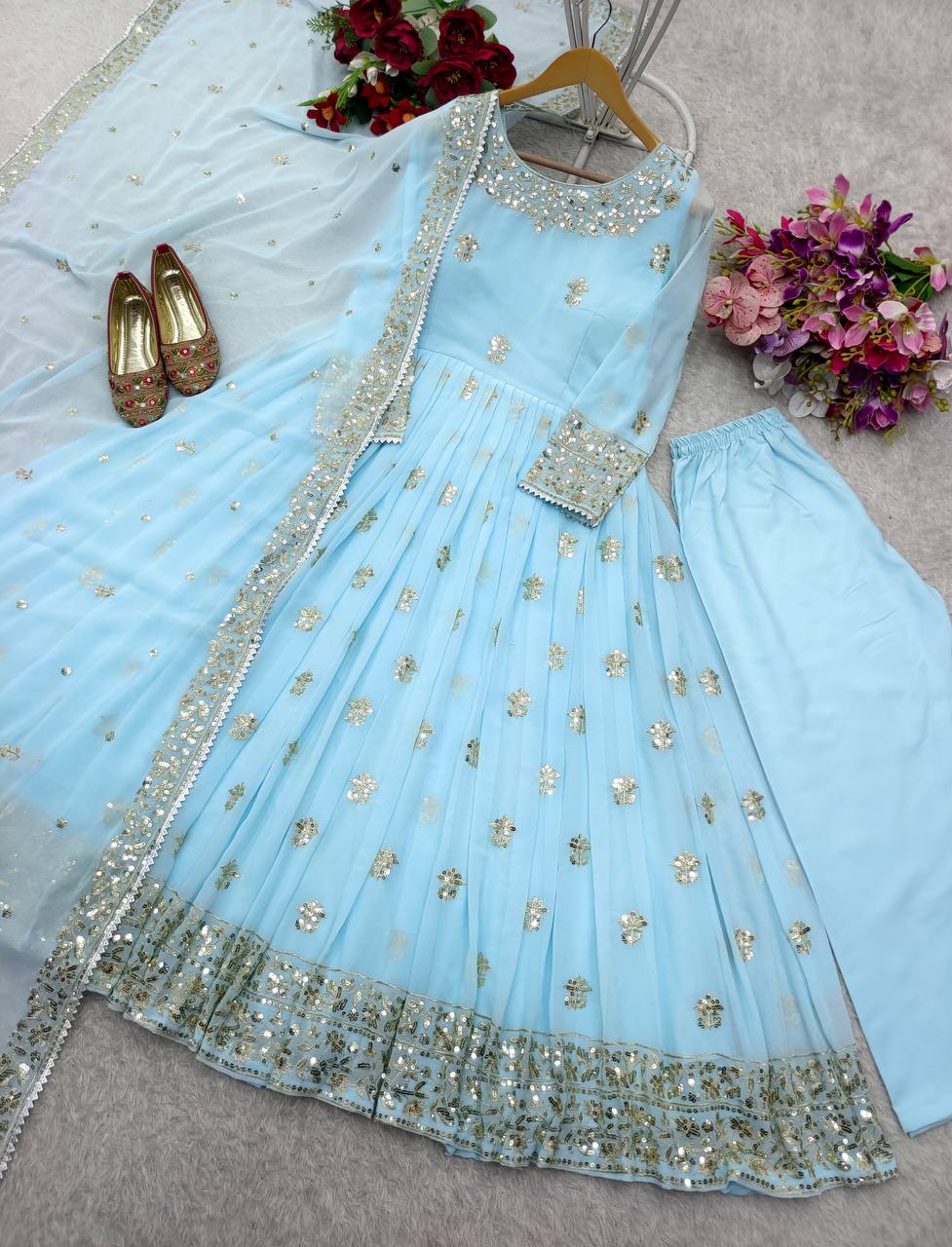 Good Looking Georgette Sequence Work Sky Blue Color Gown