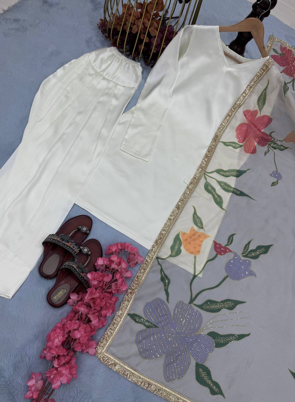 Delightful Satin Silk White Color Palazzo Suit