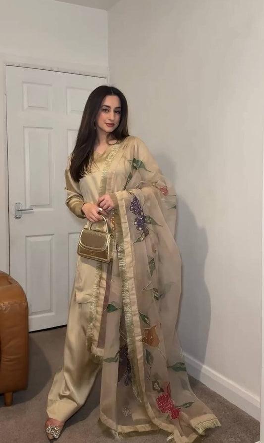 Delightful Satin Silk Beige Color Palazzo Suit
