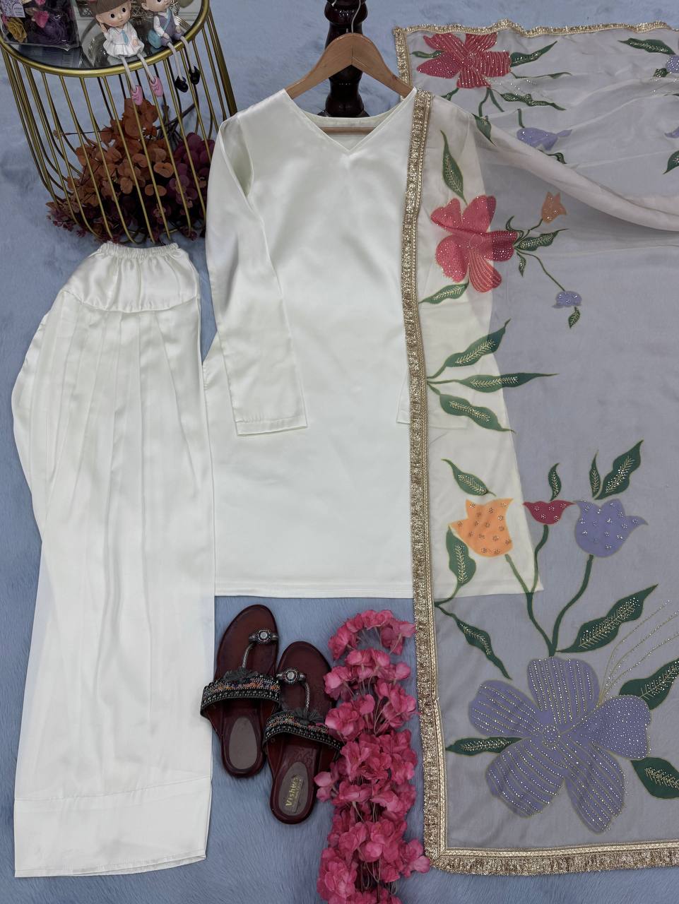 Delightful Satin Silk White Color Palazzo Suit