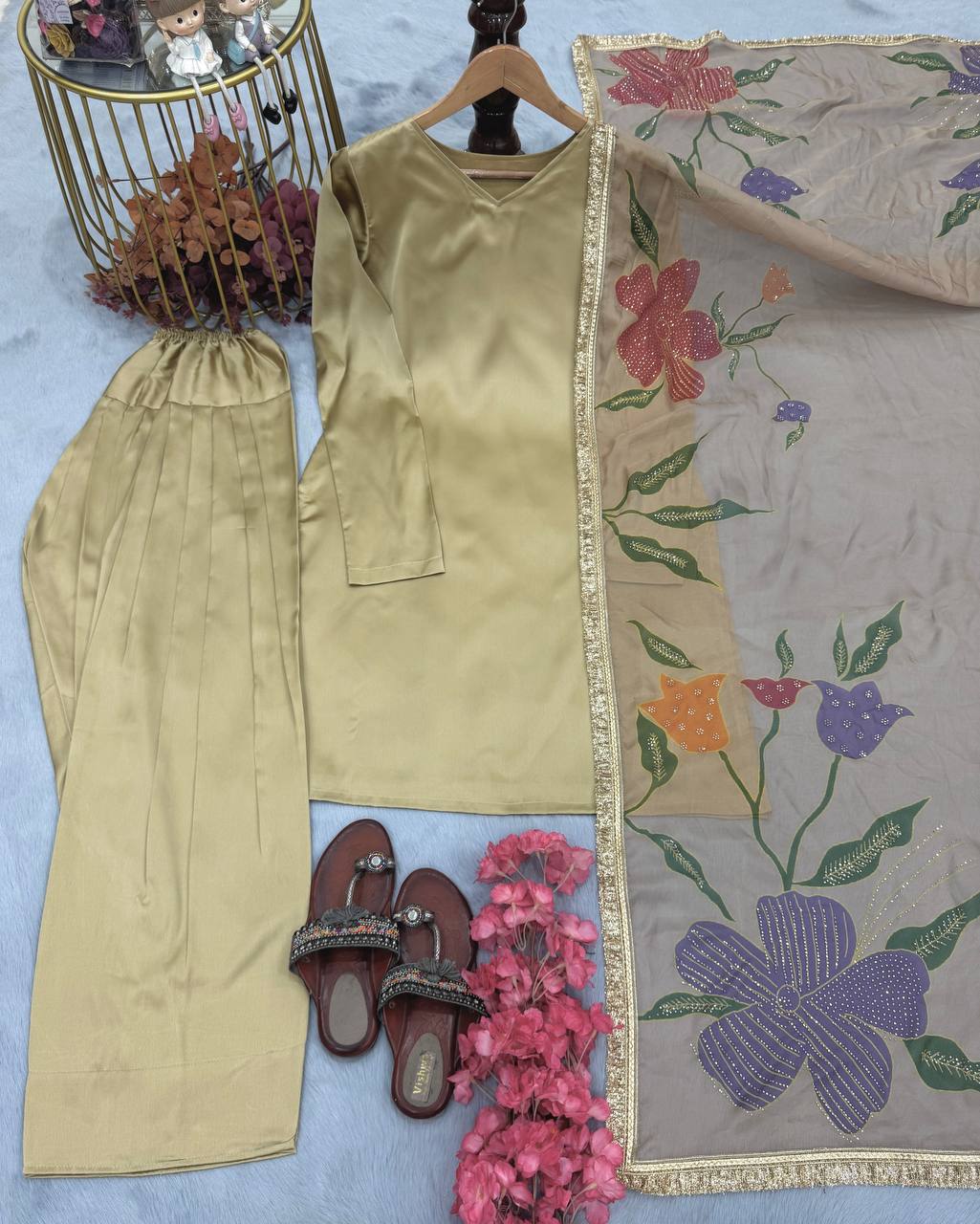 Delightful Satin Silk Beige Color Palazzo Suit