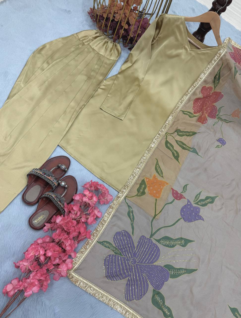 Delightful Satin Silk Beige Color Palazzo Suit