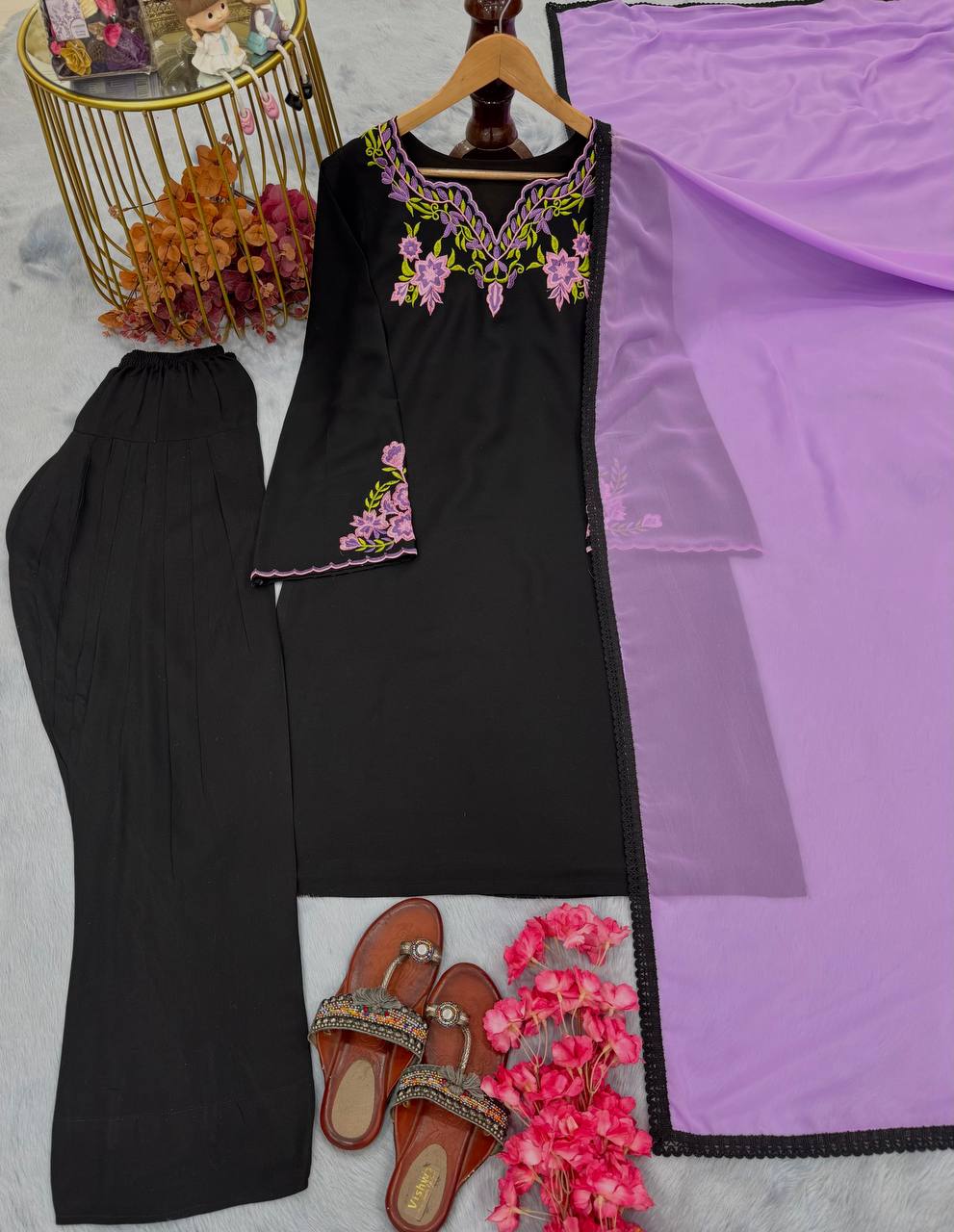 Adorable Riyon Silk Black Color Palazzo Suit
