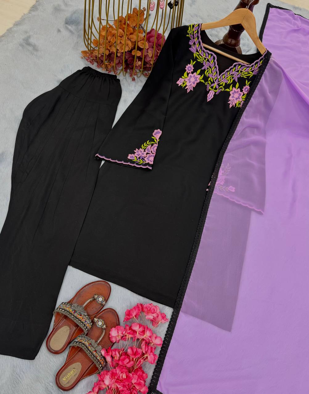 Adorable Riyon Silk Black Color Palazzo Suit