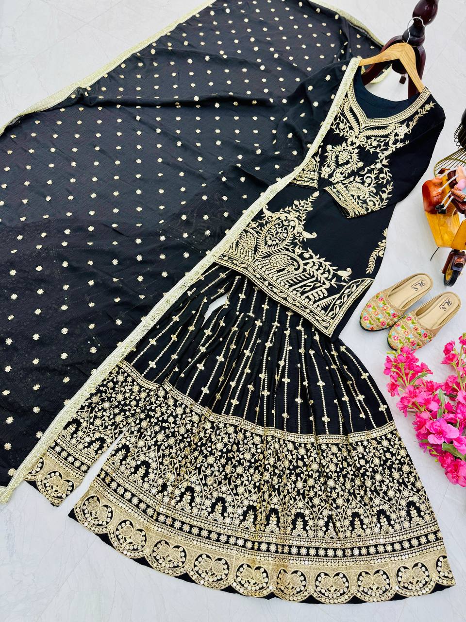 Occasion Wear Heavy Sequence Work Black Sharara Suit