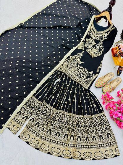 Occasion Wear Heavy Sequence Work Black Sharara Suit