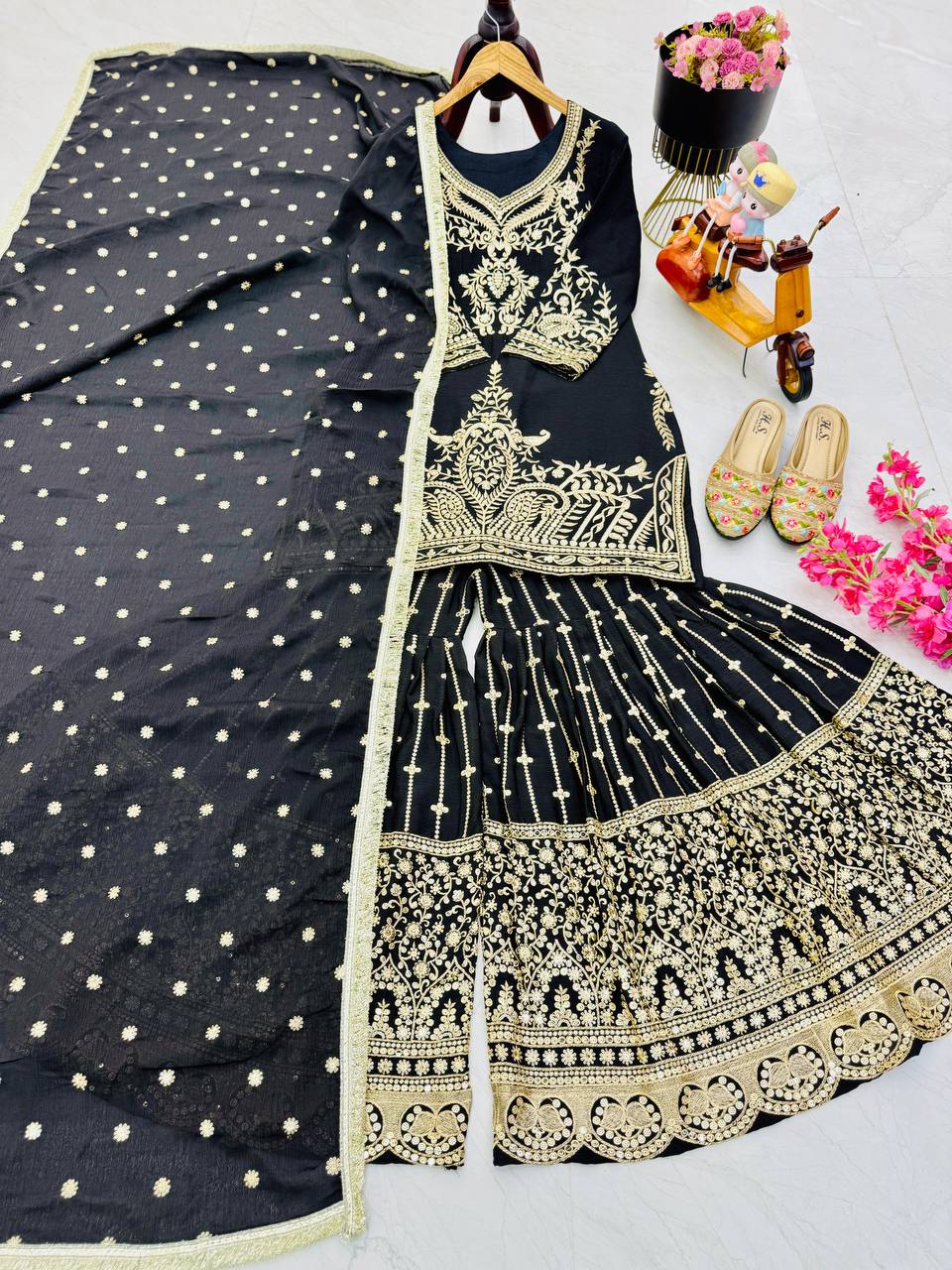 Occasion Wear Heavy Sequence Work Black Sharara Suit