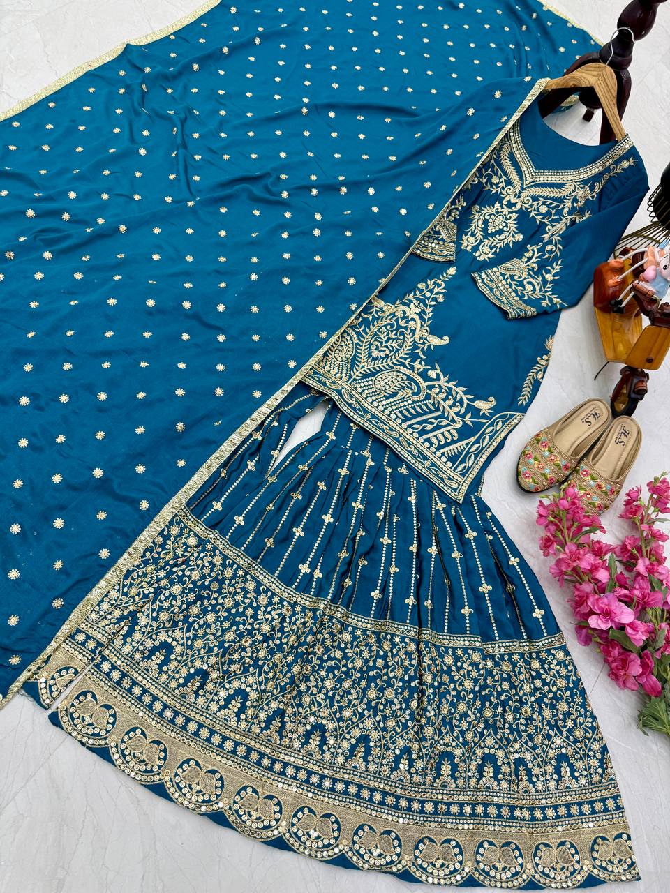 Occasion Wear Heavy Sequence Work Blue Sharara Suit