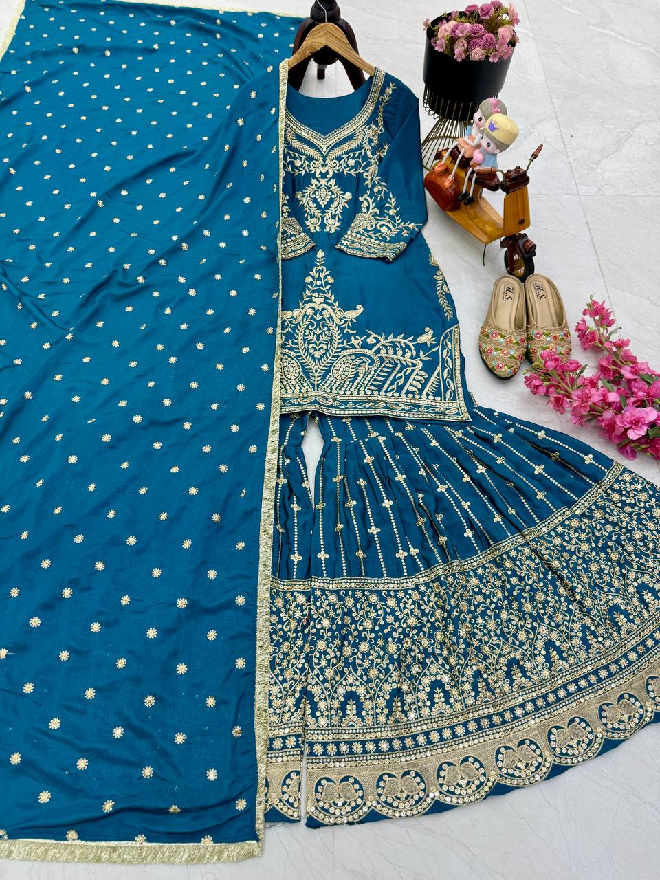 Occasion Wear Heavy Sequence Work Blue Sharara Suit