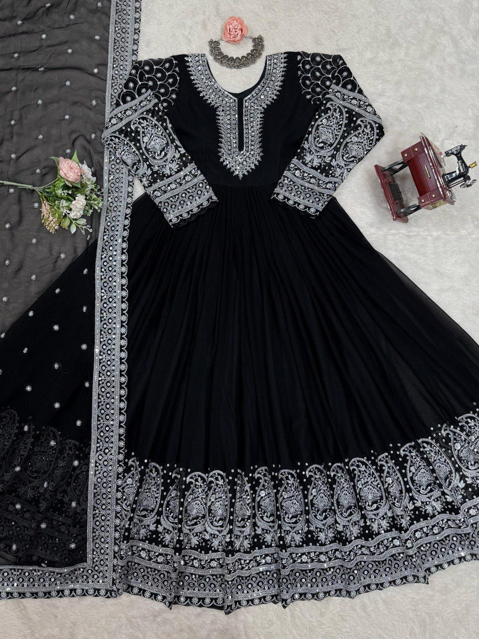 Black Color Thread With Sequence Work Anarkali Gown