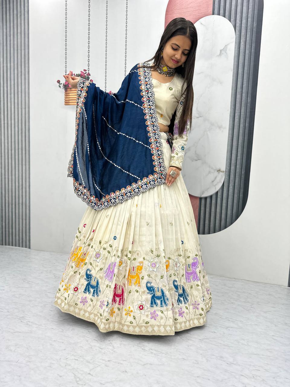 Stunning Off White Color Lehenga choli With Navy Blue Dupatta