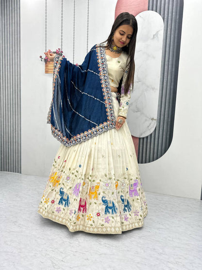 Stunning Off White Color Lehenga choli With Navy Blue Dupatta