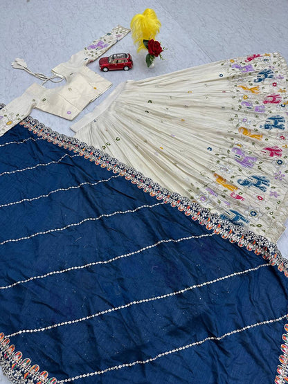 Stunning Off White Color Lehenga choli With Navy Blue Dupatta