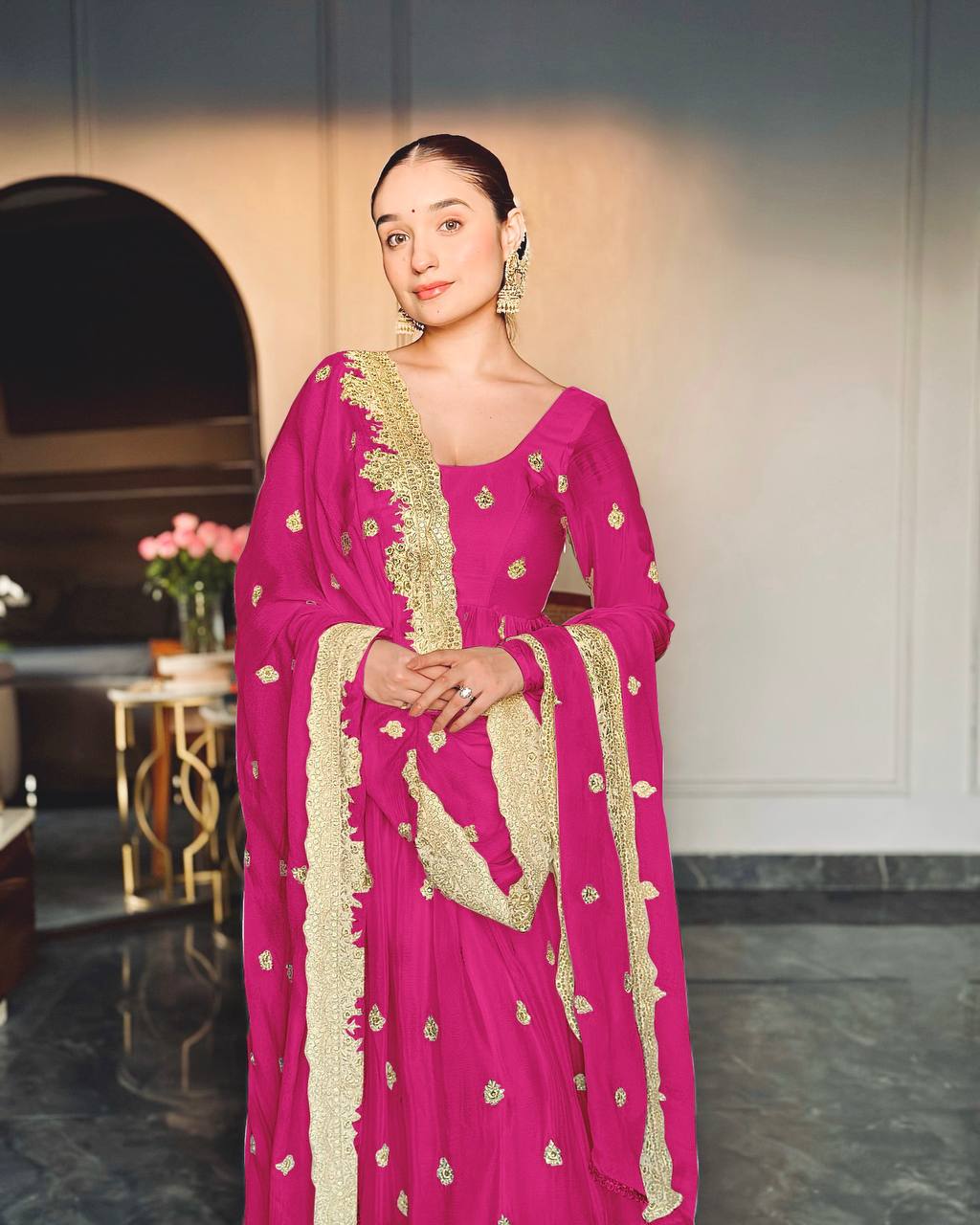 Good Looking Chinon Silk Pink Color Sequence Work Gown