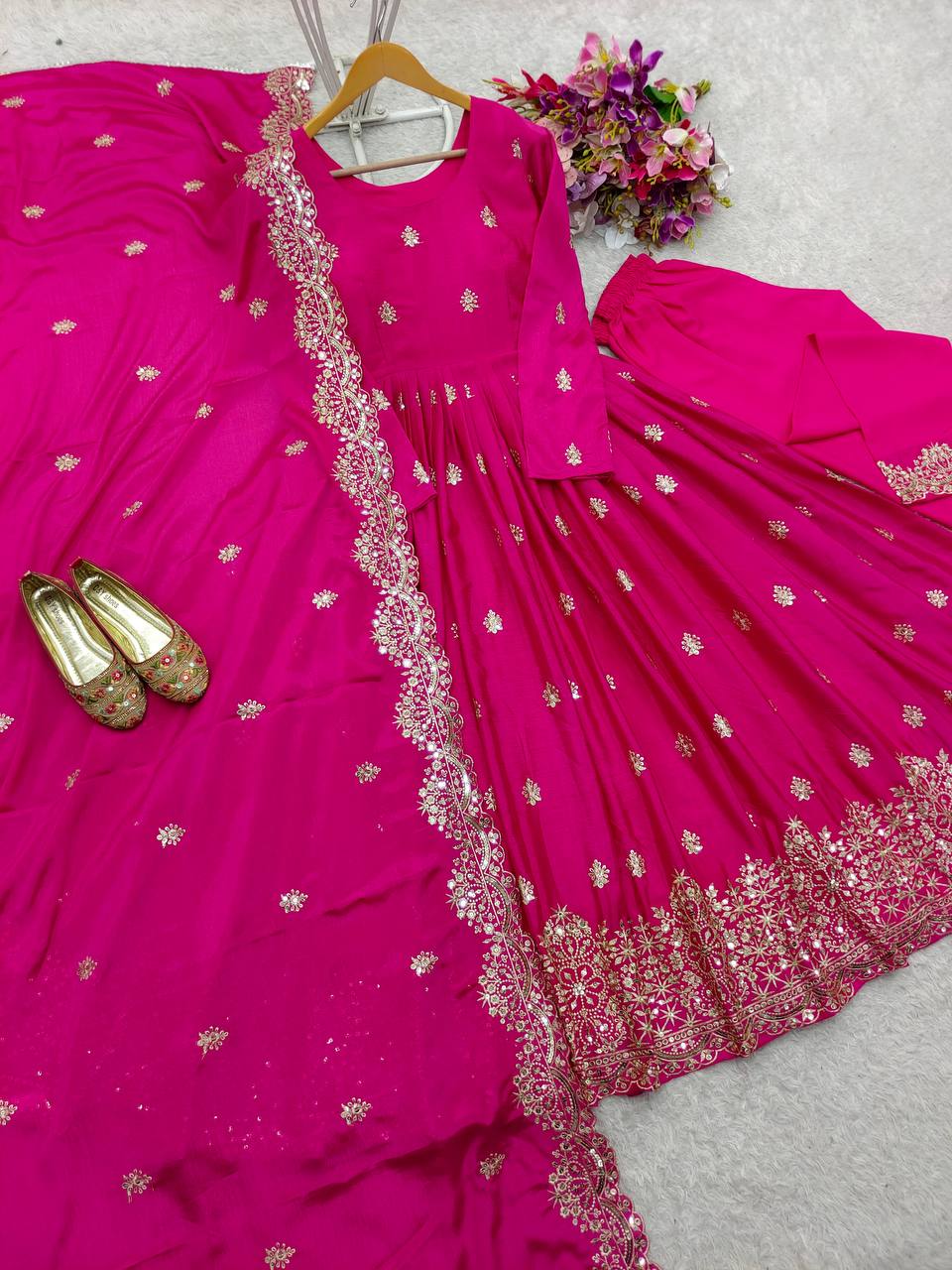 Good Looking Chinon Silk Pink Color Sequence Work Gown