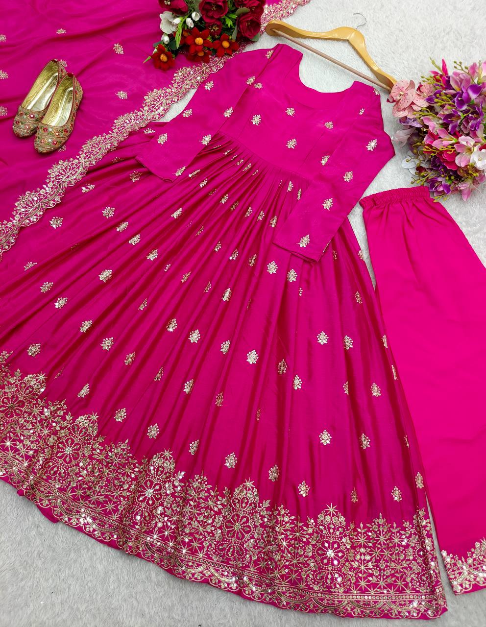 Good Looking Chinon Silk Pink Color Sequence Work Gown