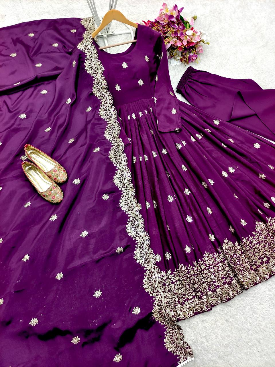 Good Looking Chinon Silk Purple Color Sequence Work Gown