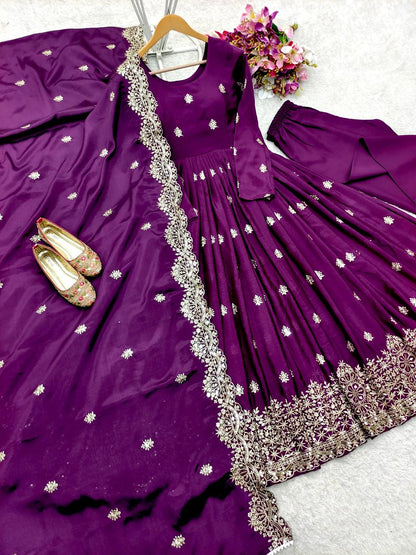 Good Looking Chinon Silk Purple Color Sequence Work Gown