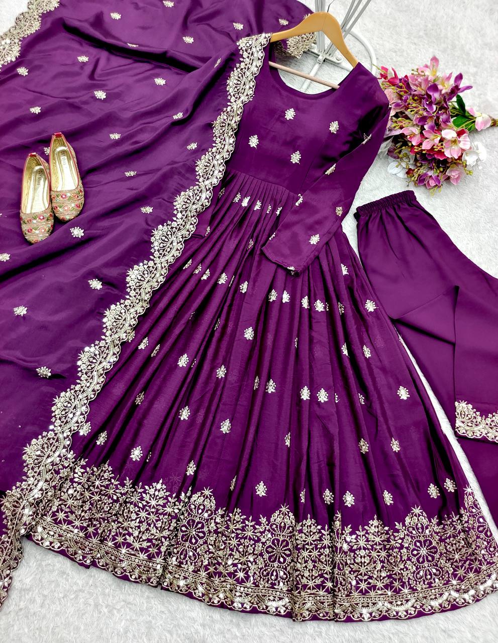 Good Looking Chinon Silk Purple Color Sequence Work Gown
