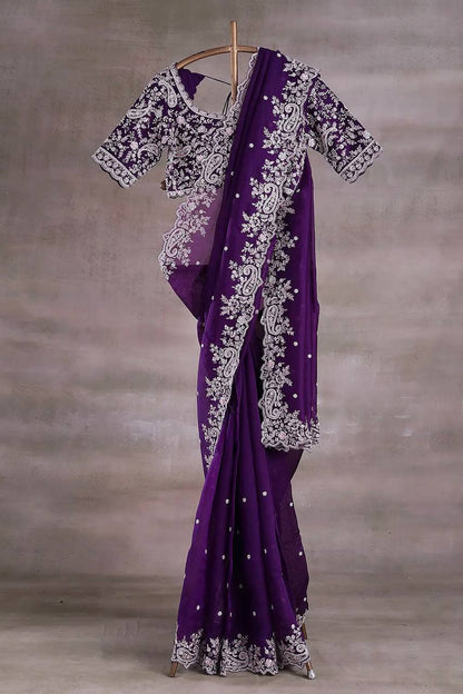 Designer Embroidery Work Purple Color Saree