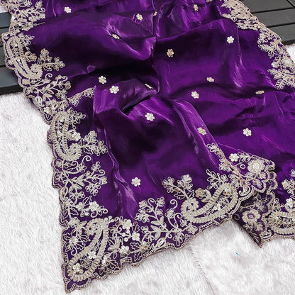 Designer Embroidery Work Purple Color Saree
