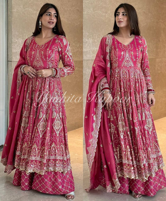 Function Wear Pink Color Heavy Work Long Top With Sharara