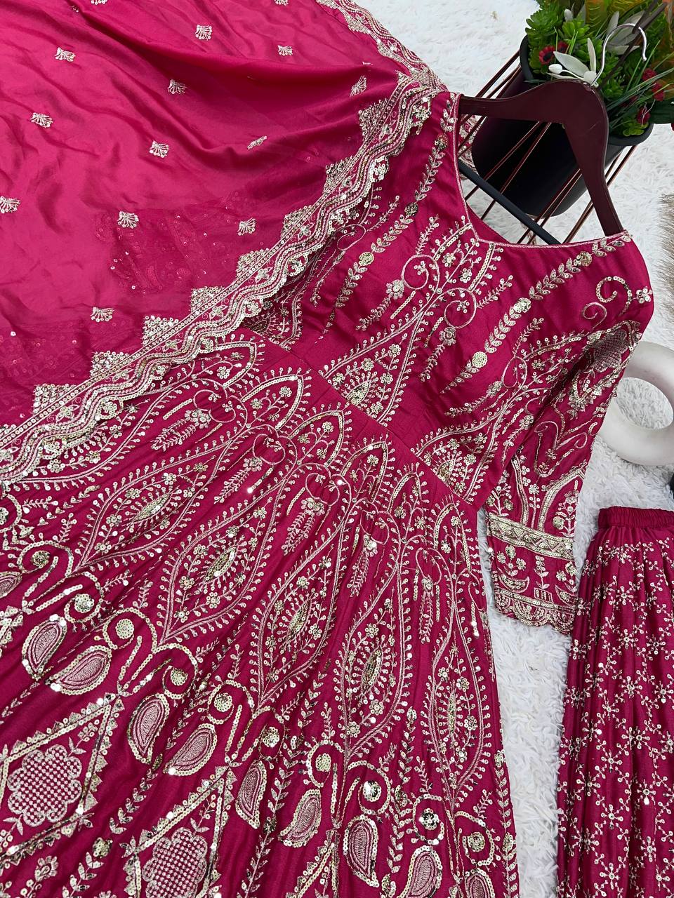 Function Wear Pink Color Heavy Work Long Top With Sharara
