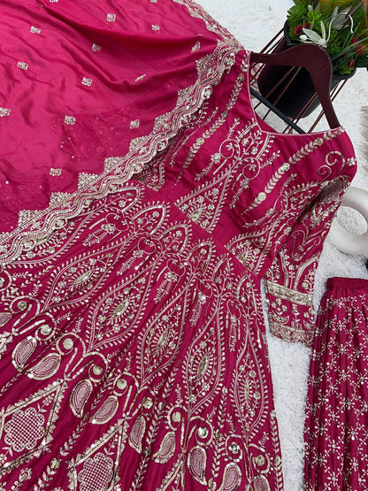 Function Wear Pink Color Heavy Work Long Top With Sharara