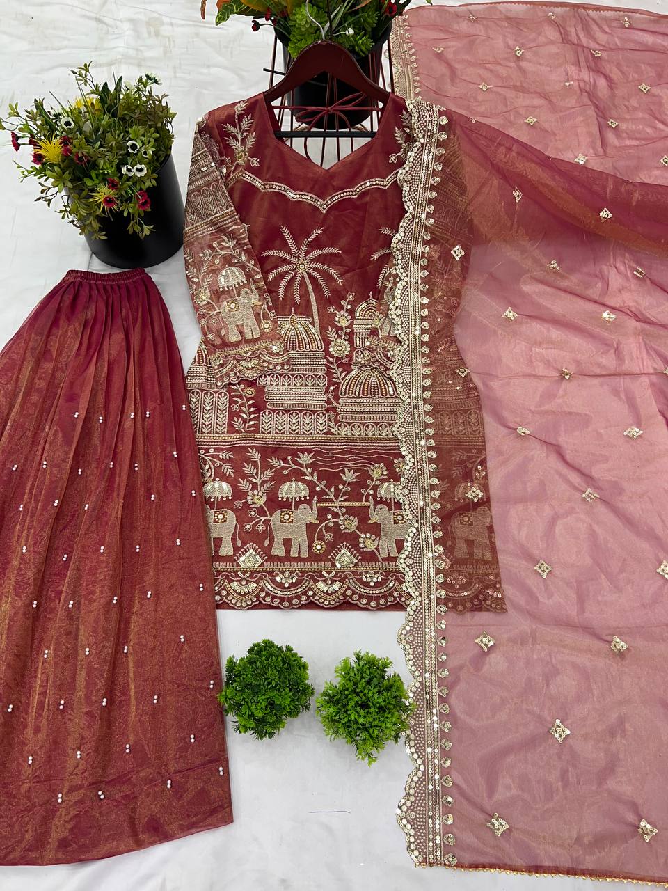 Classic Sequence Work Brown Color Sharara Suit