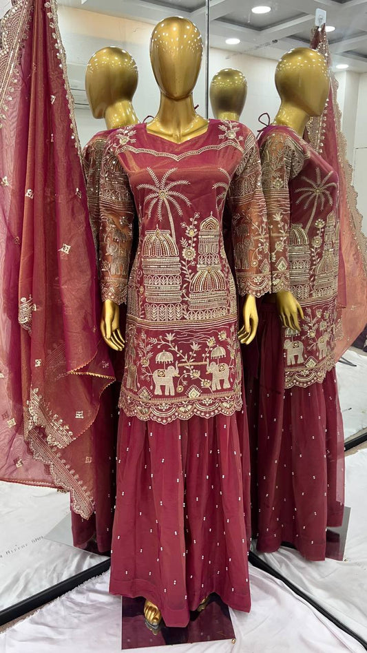 Classic Sequence Work Brown Color Sharara Suit