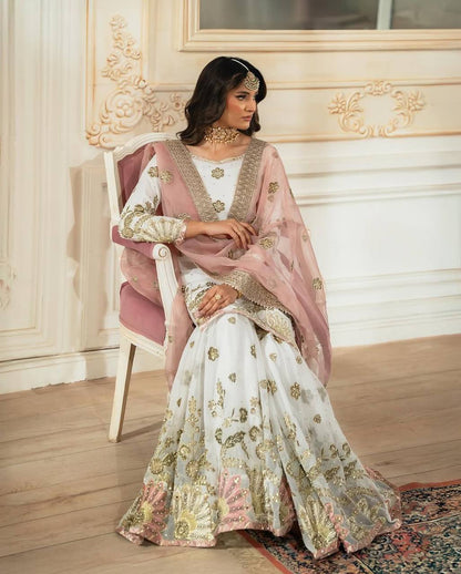 Good Looking Heavy Work White Color Sharara Suit