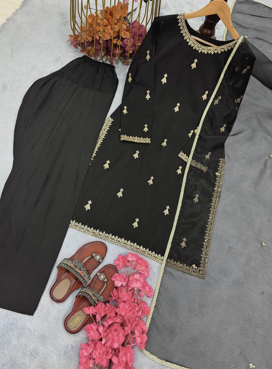 Delightful Embroidery Work Black Color Palazzo Suit