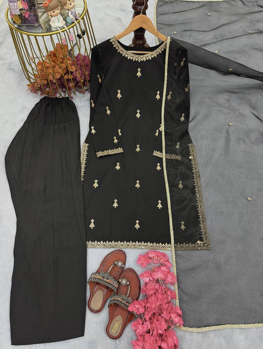Delightful Embroidery Work Black Color Palazzo Suit