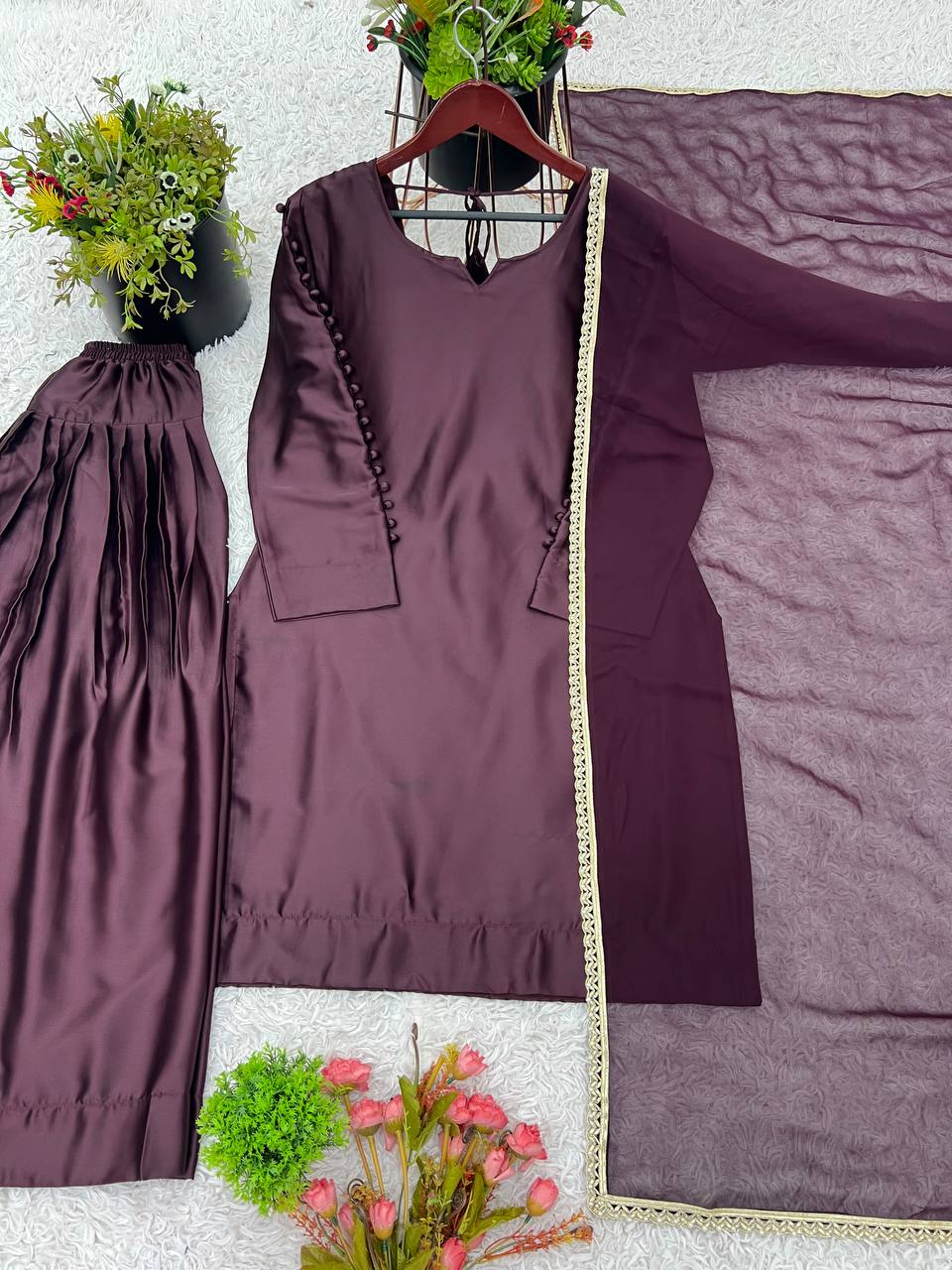 Charming Wine Color Plain Patiala Suit