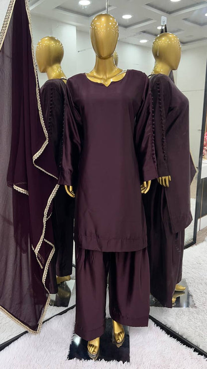 Charming Wine Color Plain Patiala Suit