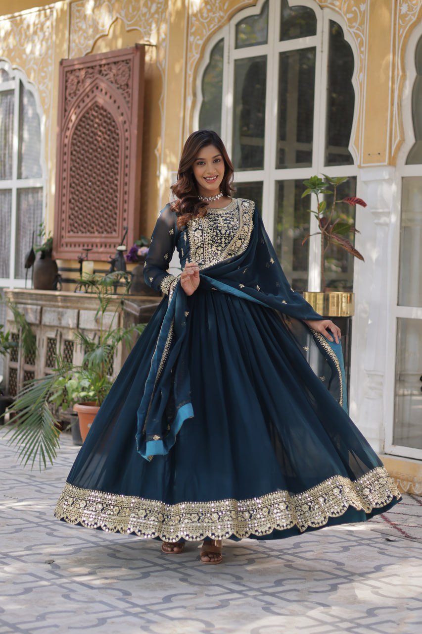 Wonderful Embroidery Work Rama Color Gown