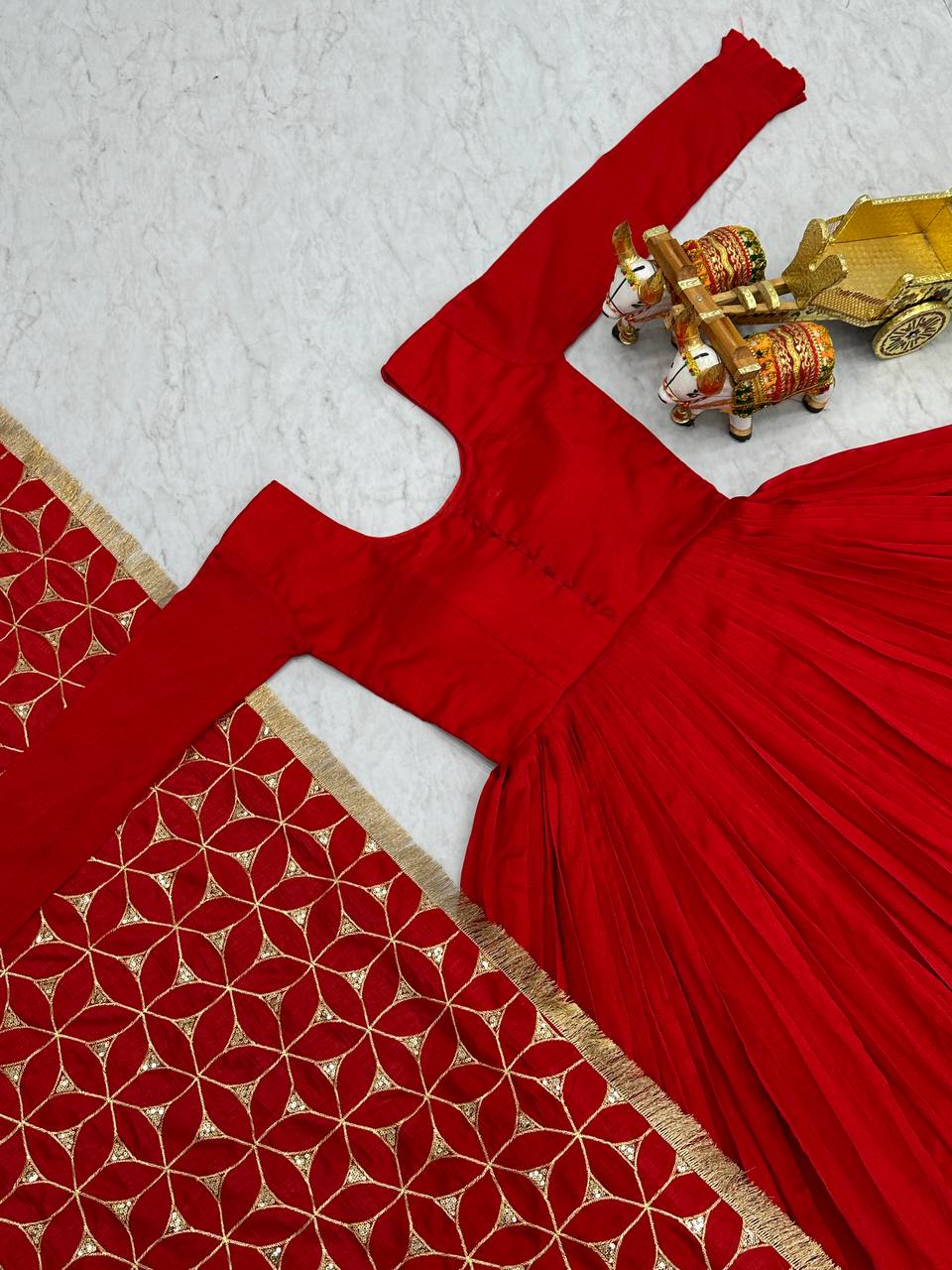 Awesome Vichitra Silk Red Color Gown