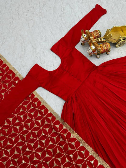 Awesome Vichitra Silk Red Color Gown