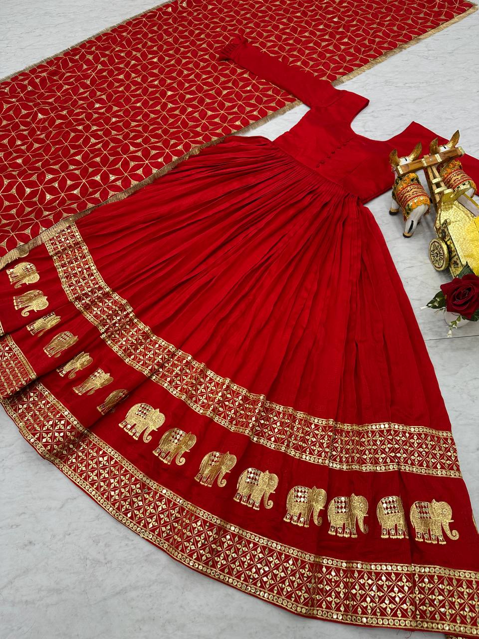Awesome Vichitra Silk Red Color Gown