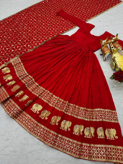 Awesome Vichitra Silk Red Color Gown
