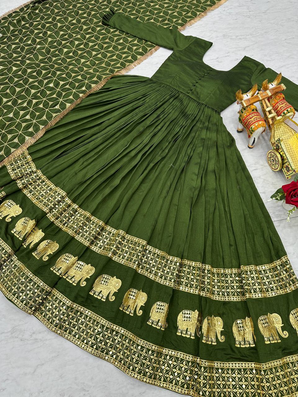 Awesome Vichitra Silk Green Color Gown
