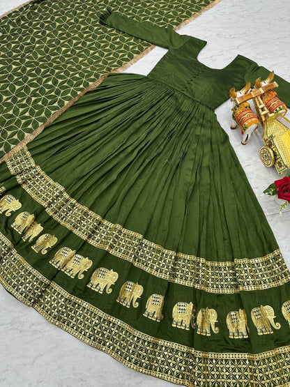 Awesome Vichitra Silk Green Color Gown