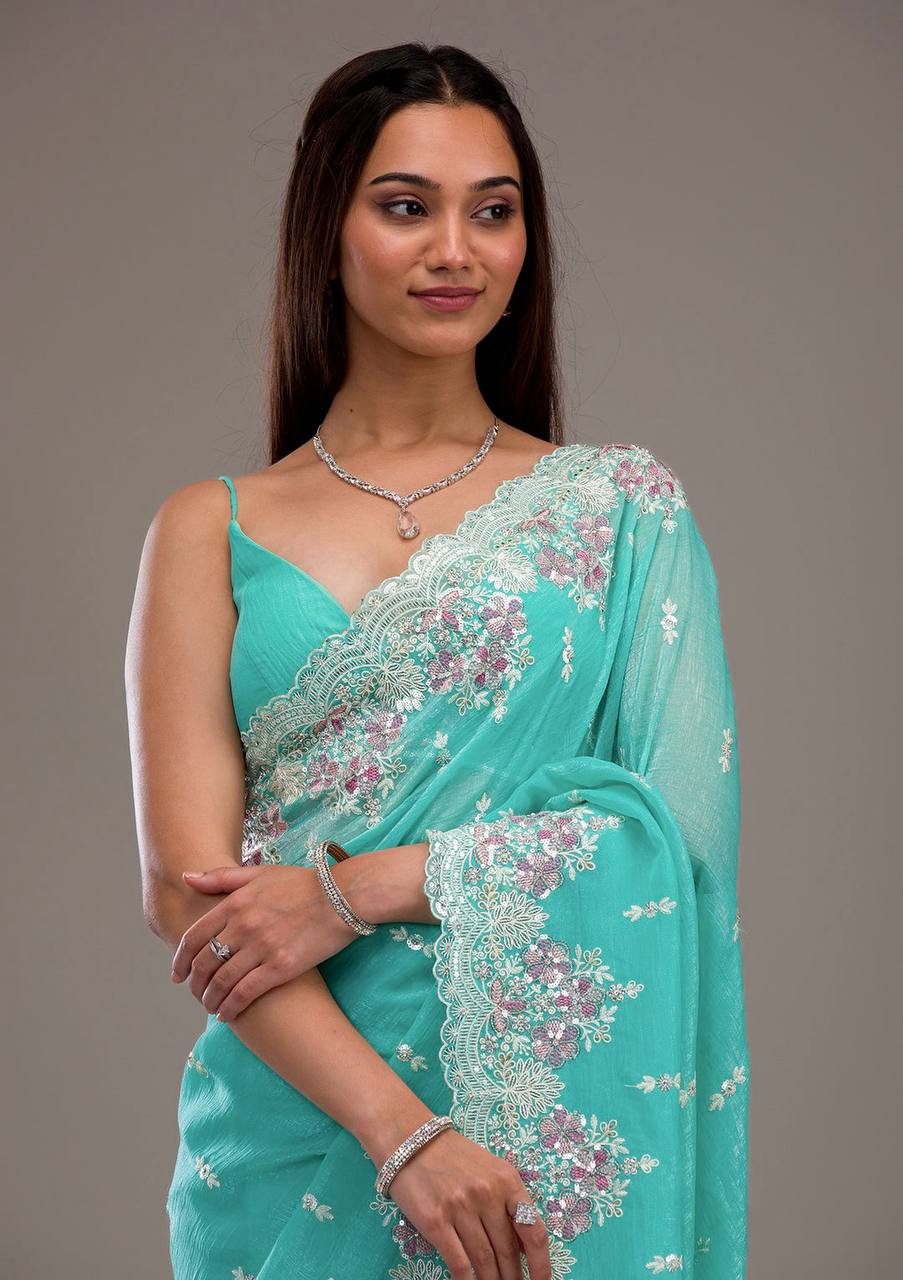 Lovely Heavy Work Sky Blue Color Saree