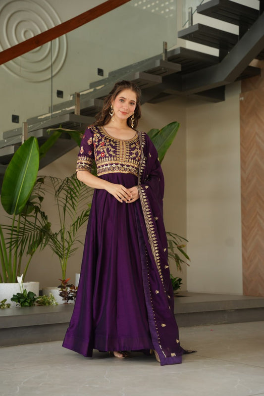 Attractive Vichitra Silk Wine Color Gown
