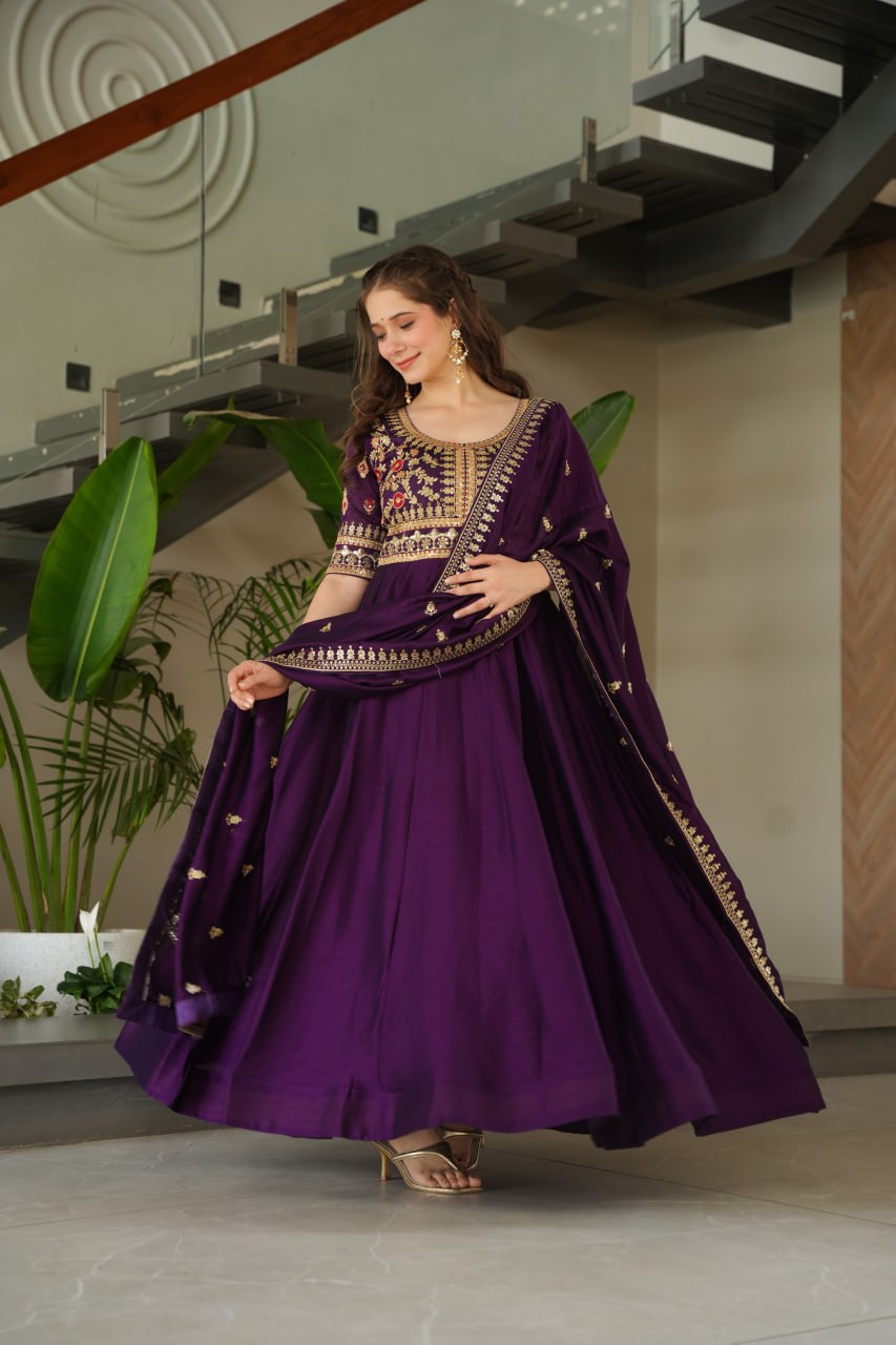 Attractive Vichitra Silk Wine Color Gown