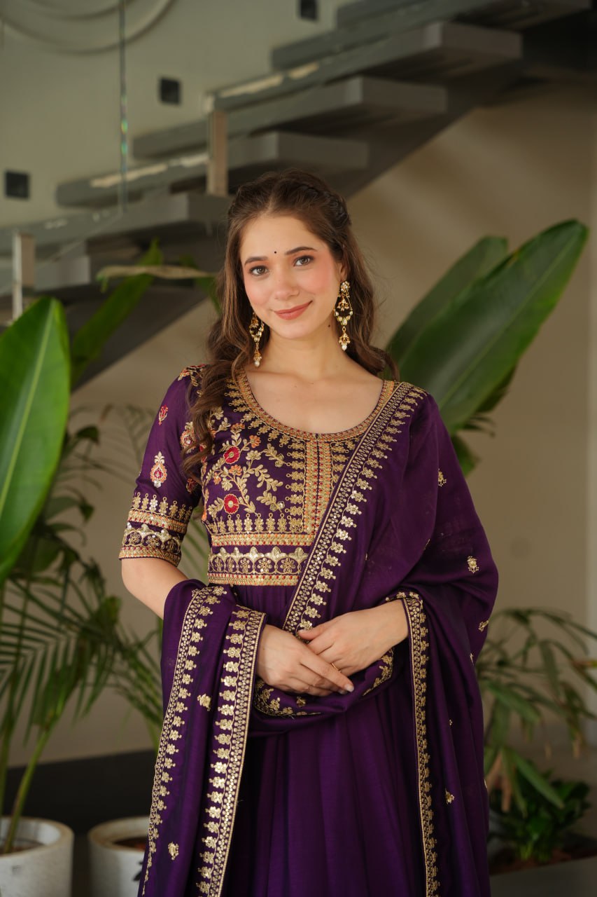 Attractive Vichitra Silk Wine Color Gown