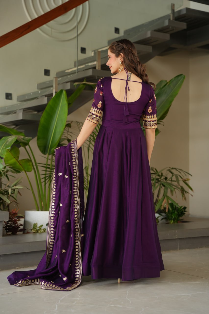 Attractive Vichitra Silk Wine Color Gown