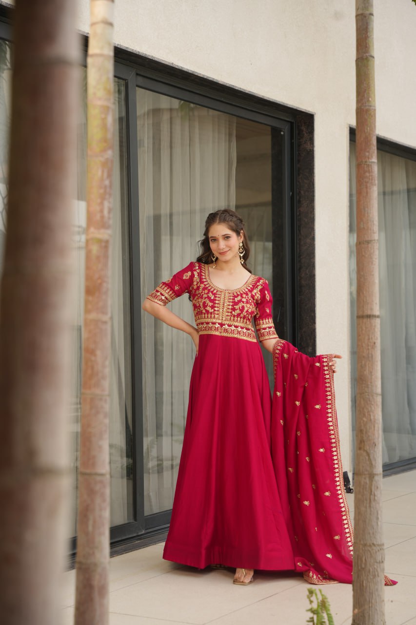 Attractive Vichitra Silk Pink Color Gown