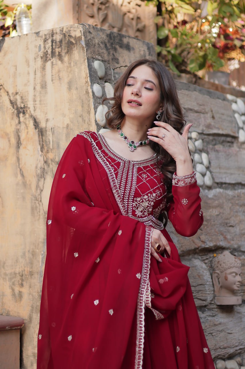 Amazing Embroidered Work Red Color Gown