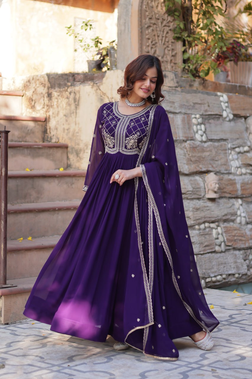 Amazing Embroidered Work Purple Color Gown